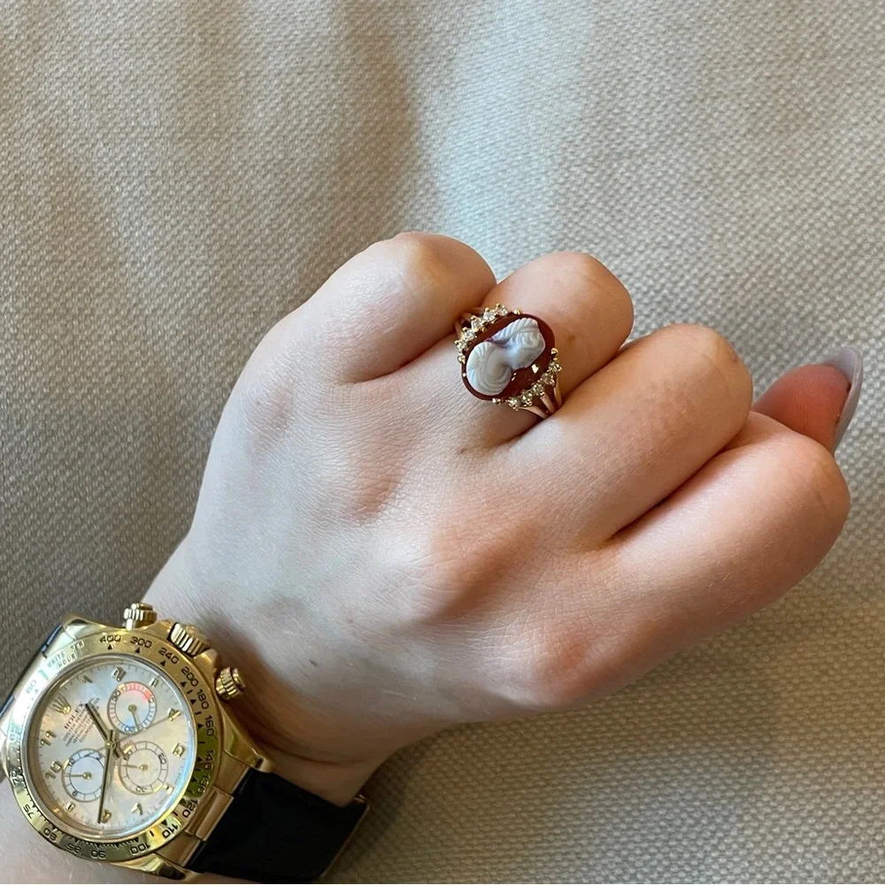 CAMEO❤️14K Gold❤️Diamond and Agate Cameo Portrait Statement Ring